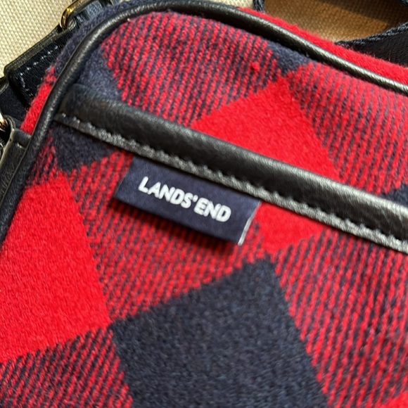 Lands End Crossbody-Red/Navy Plaid Flannel Exterior-Navy Trim-Cloth Strap- - Picture 5 of 16